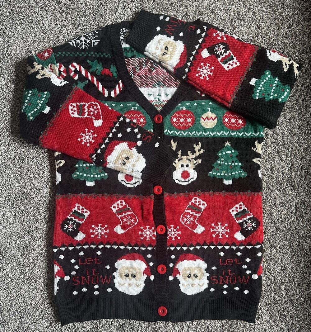 Crochet Open Knit Christmas Sweater Cardigan Let It Snow Santa Rudolph